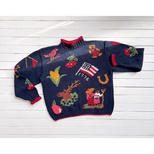 vtg Heirlooms navy blue turtleneck Americana‎ farm country hand knit sweater
